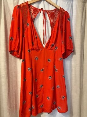 Free People Red Floral Open-Back Puff Sleeve Dress
